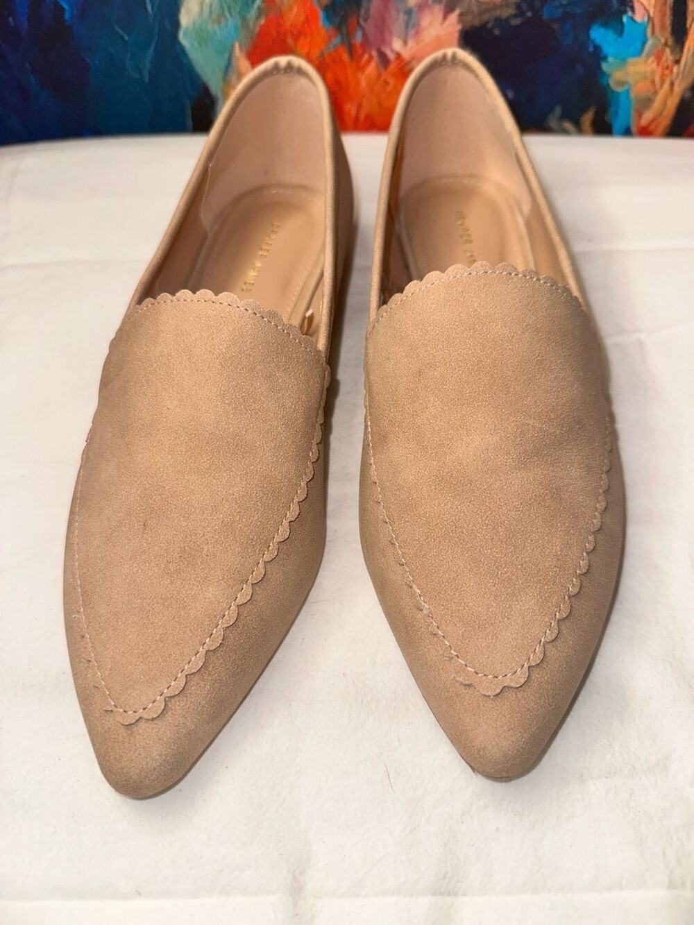 No.38 Draper James Windham Scalloped Pointed Toe Flats in Sesame Suede